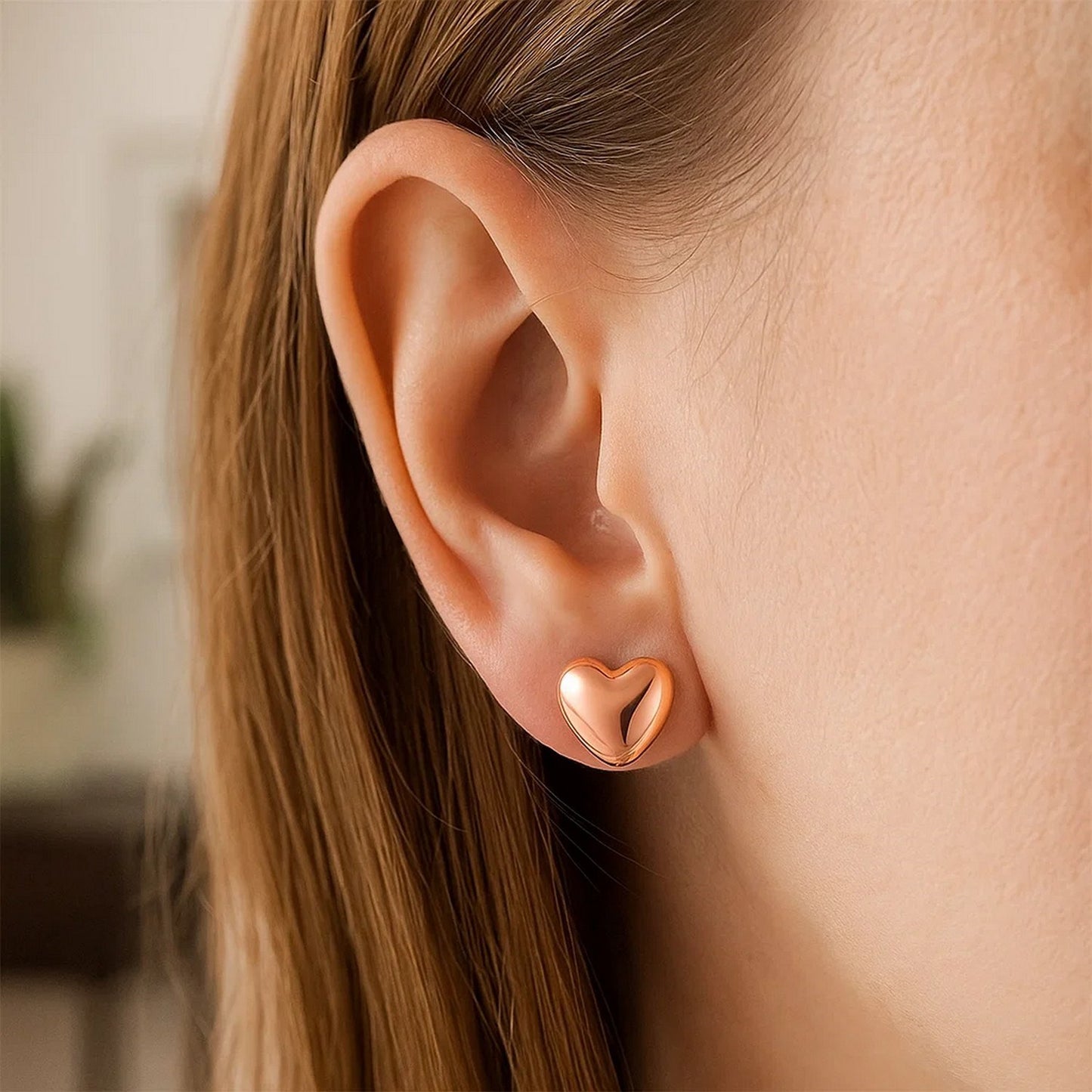 14k Rose Gold Puffed Heart Shape Shiny Earrings