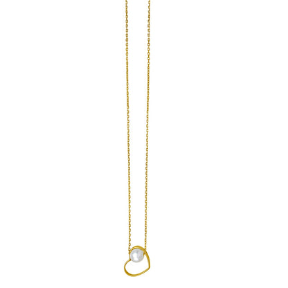 Open Heart and Pearl Necklace in 14K Yellow Gold