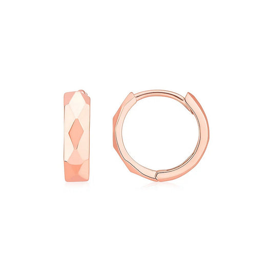 14K Rose Gold Diamond Motif Faceted Huggie Earrings